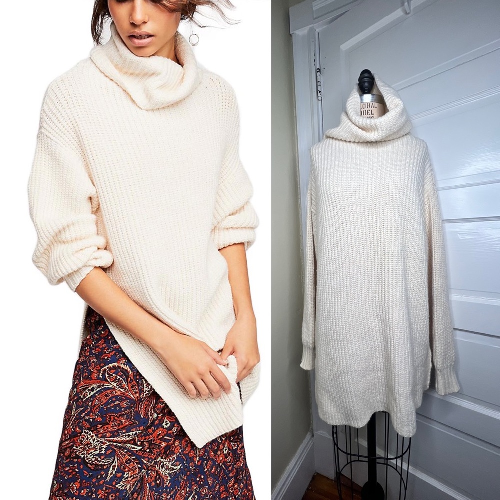 Free People Eleven Sweater Cream Oversized Turtleneck Rib Knit Small Longline